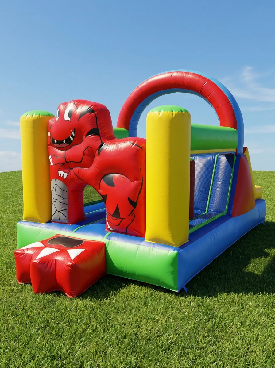 Brincolín inflable con un dinosaurio rojo, columnas amarillas, arco rojo y azul y pequeño tobogán, instalado sobre pasto