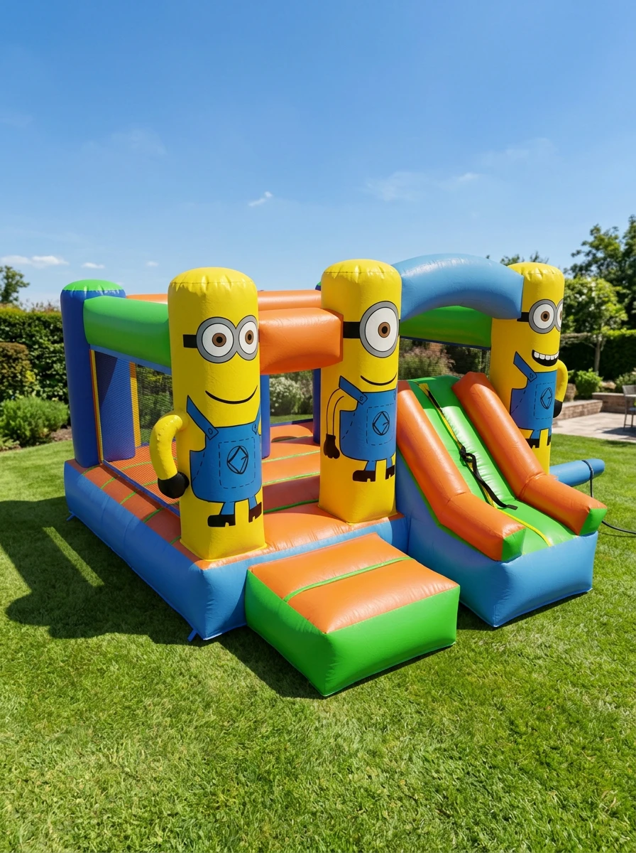 Brincolín inflable de Minions con columnas amarillas, tobogán naranja y verde y escalón, instalado en un jardín