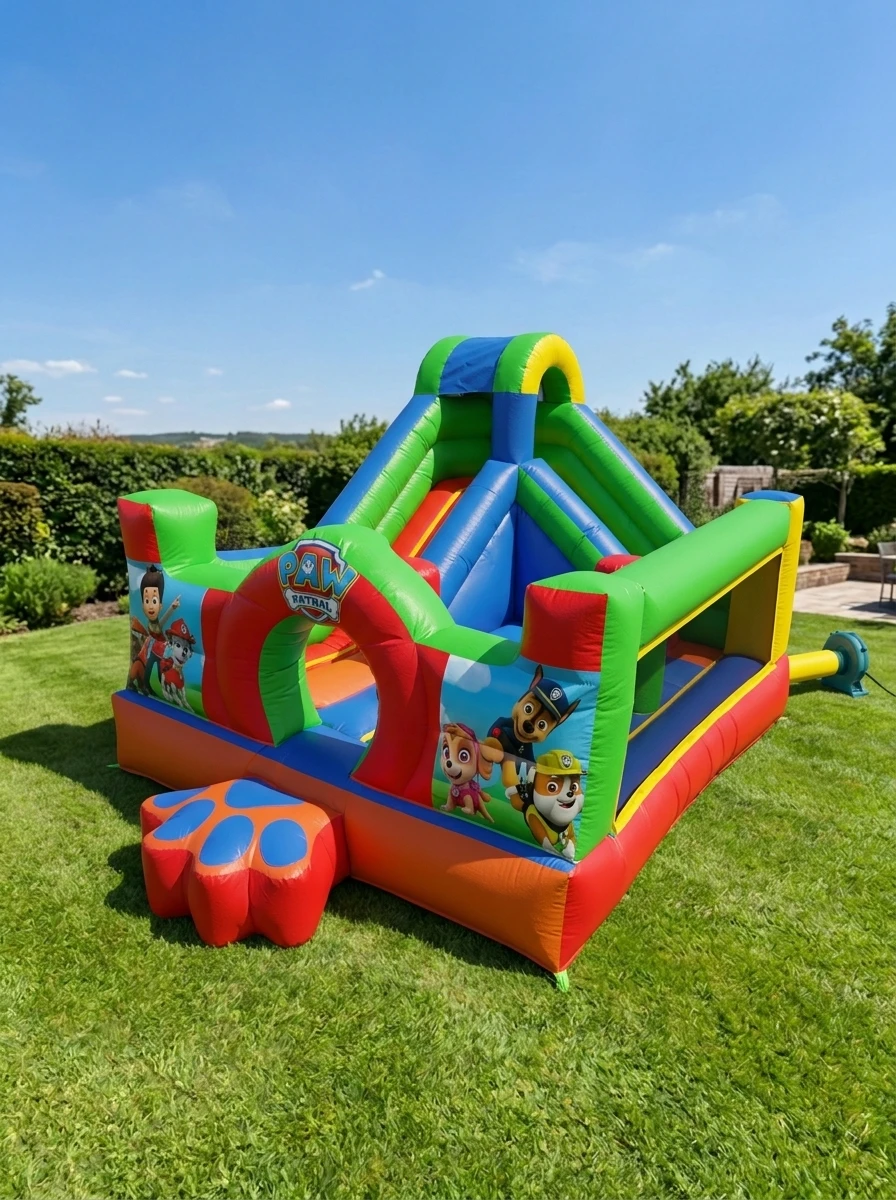 Brincolín inflable temático de patrulla canina con tobogán, huella gigante y personajes de perritos rescatistas, instalado en un jardín