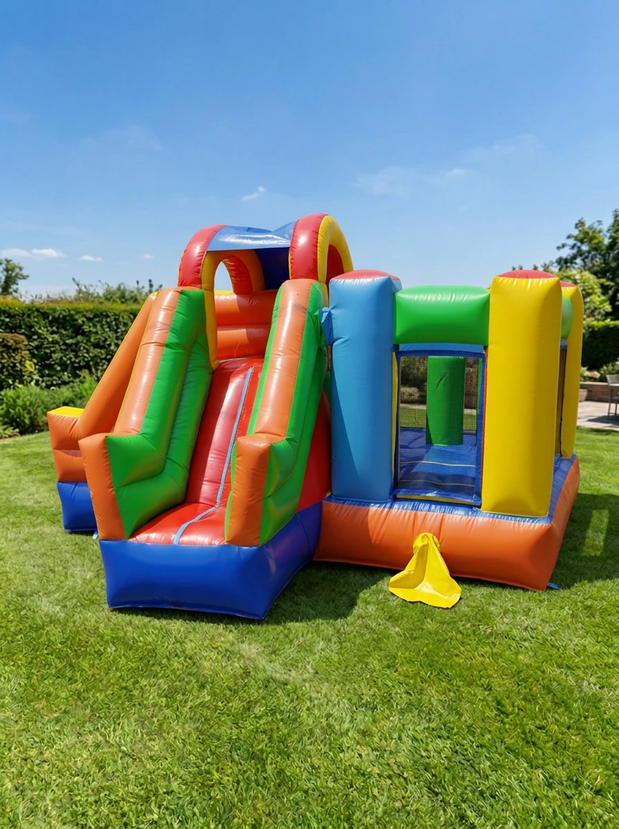 Brincolín inflable con tobogán naranja y verde, torres azules y amarillas y área de salto con red, instalado en un jardín