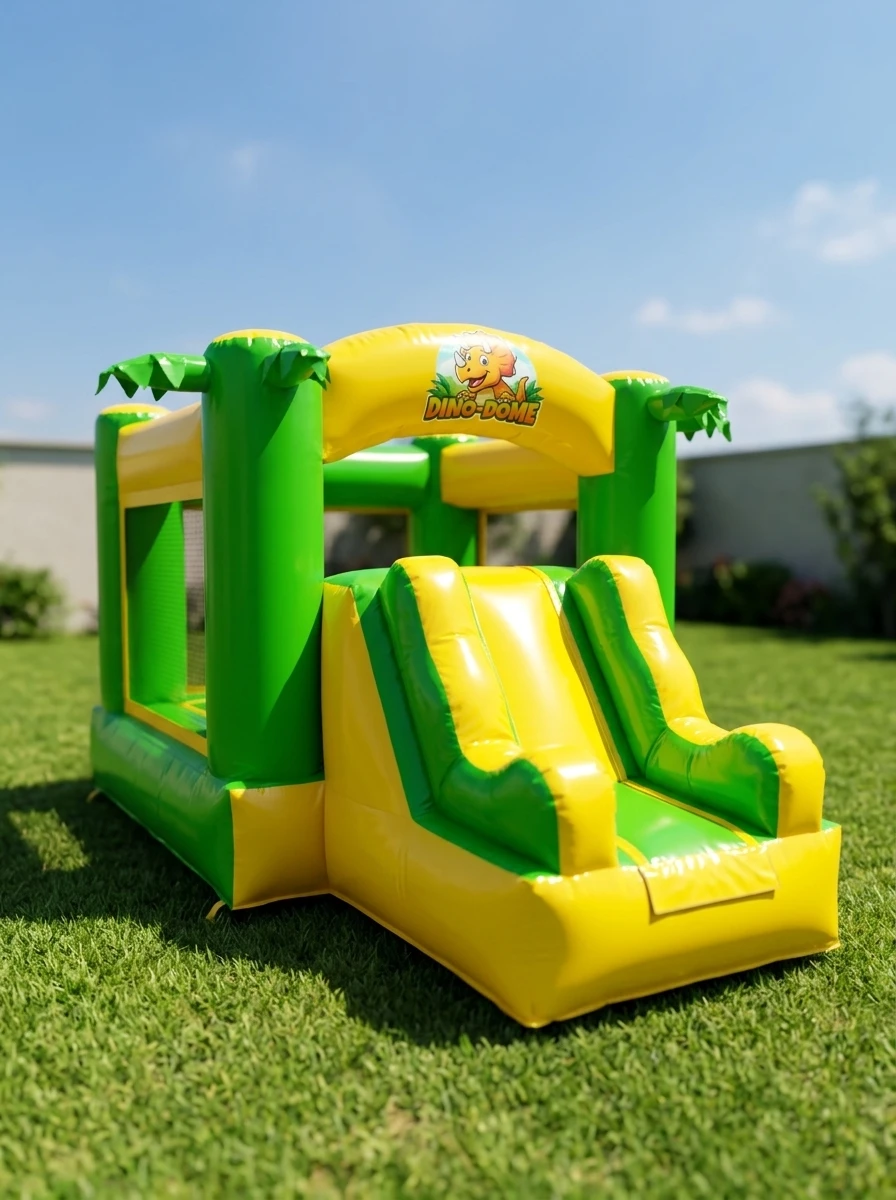 Inflable verde y amarillo temático de dinosaurios con palmeras y tobogán, instalado en un jardín